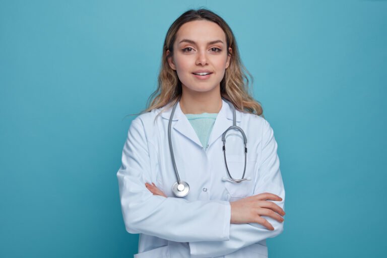 pleased young female doctor wearing medical robe and stethoscope around neck standing with closed posture looking at camera isolated on blue background